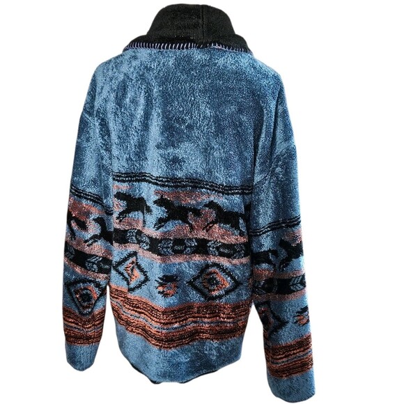 Country Woods Fleece Jacket Size L Blue Southwestern Pattern Horses Button Front - Picture 2 of 10